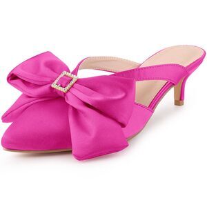 Bow Rhinestones Kitten Heels Satin Slide Mules for Women, Hot Pink